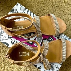 BRASH tan flat sandals with sparkle gem embellishments.